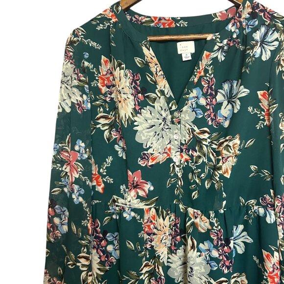 A New Day Dark Green Floral Long Sleeve Babydoll Dress Size M - Picture 2 of 5